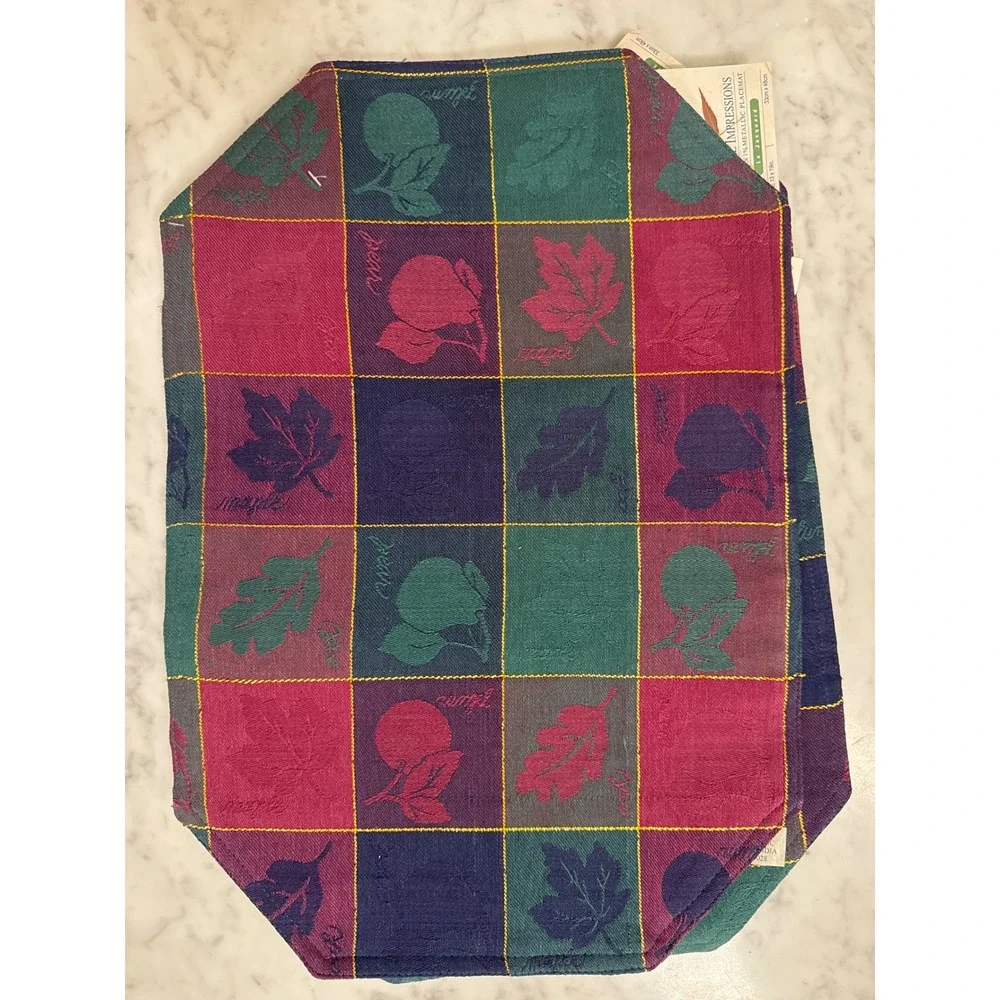 Natural Impressions Set/ 4 La Jacquard Placemats Navy Burgundy Gold Autumn Leaf